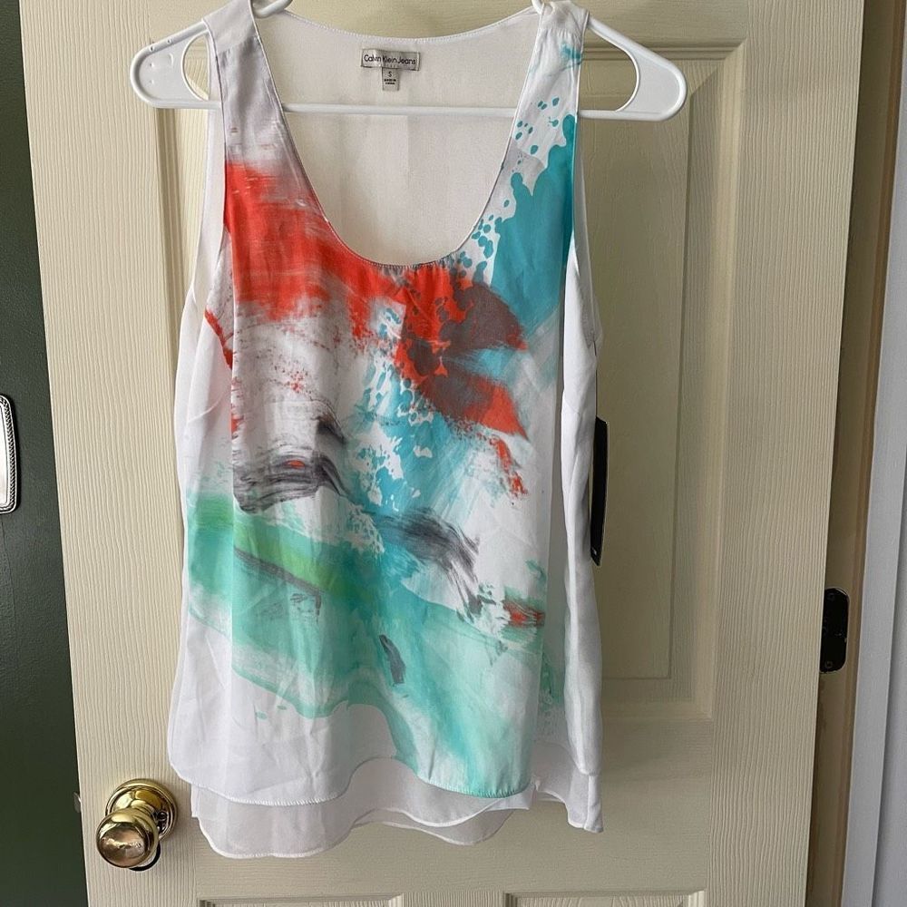 Calvin Klein White Tank with Teal and Coral Abstract Print